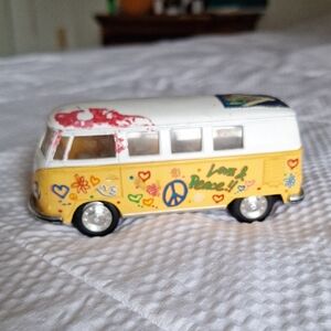 Yellow & White Toy VW-Style Hippie Van - Love & Peace Die-Cast Toy